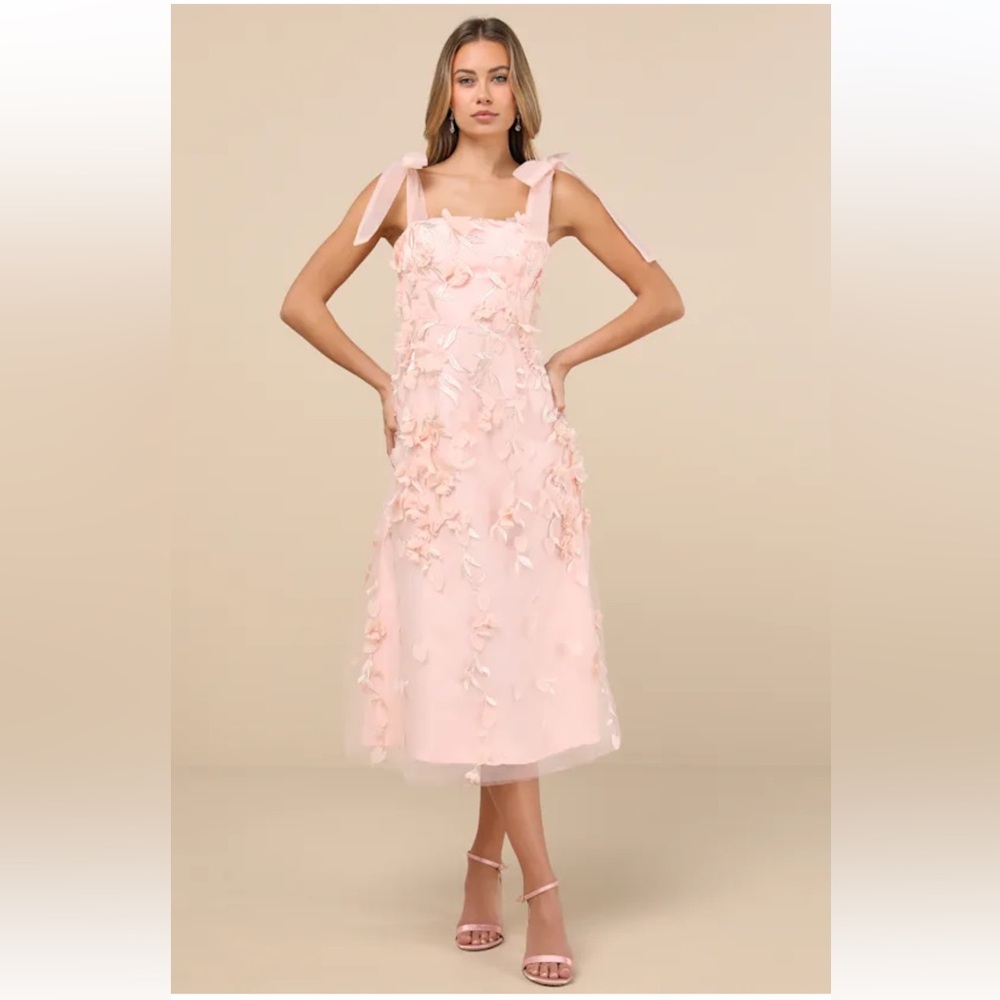 Lulu's Blush Pink Midi Dress with 3D Floral Appliqués